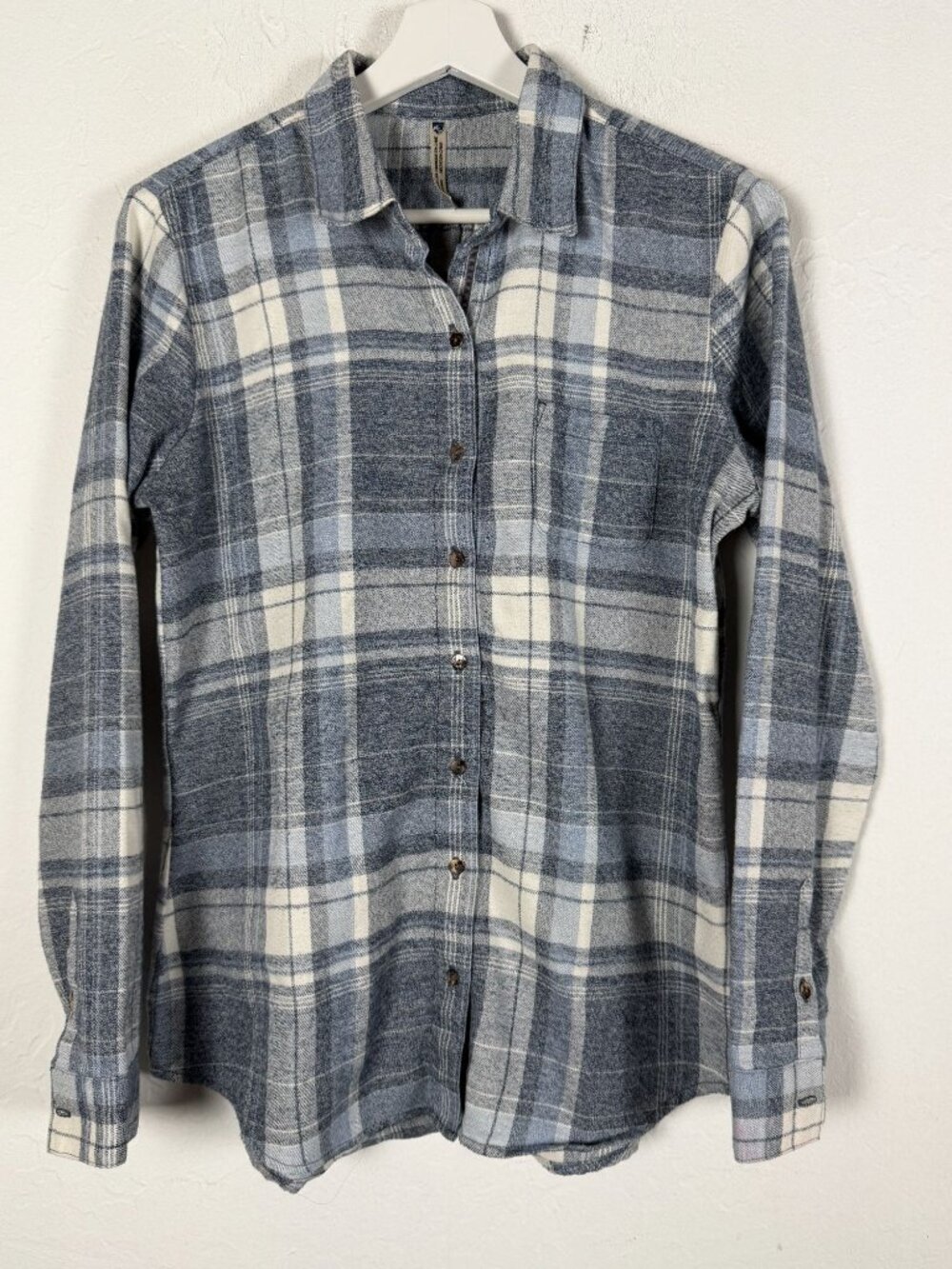 KÜHL Women's Blue Plaid Flannel Button Up Shirt Chest Pocket Small Long Sleeve